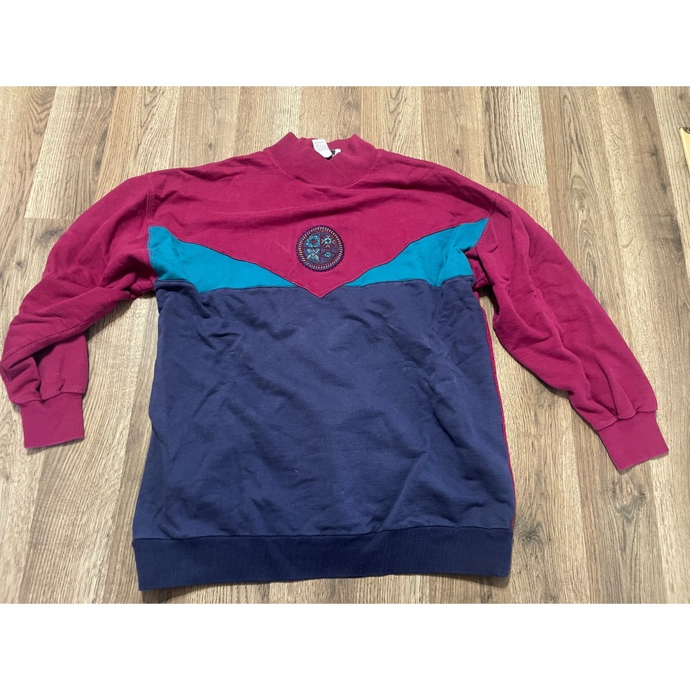 Brandon Shirt, Women's Size Medium, Blue Red, Crew Neck, Long Sleeve, Embroi